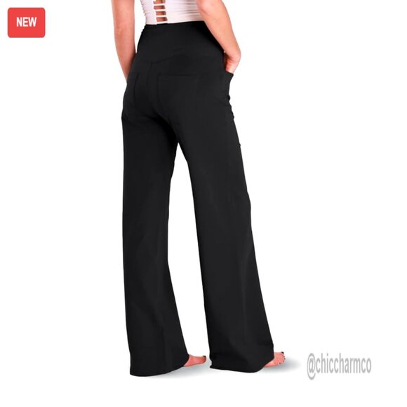 Wide Leg Yoga Pants High Waist Cotton Lounge Trousers with Pockets - Picture 3 of 6